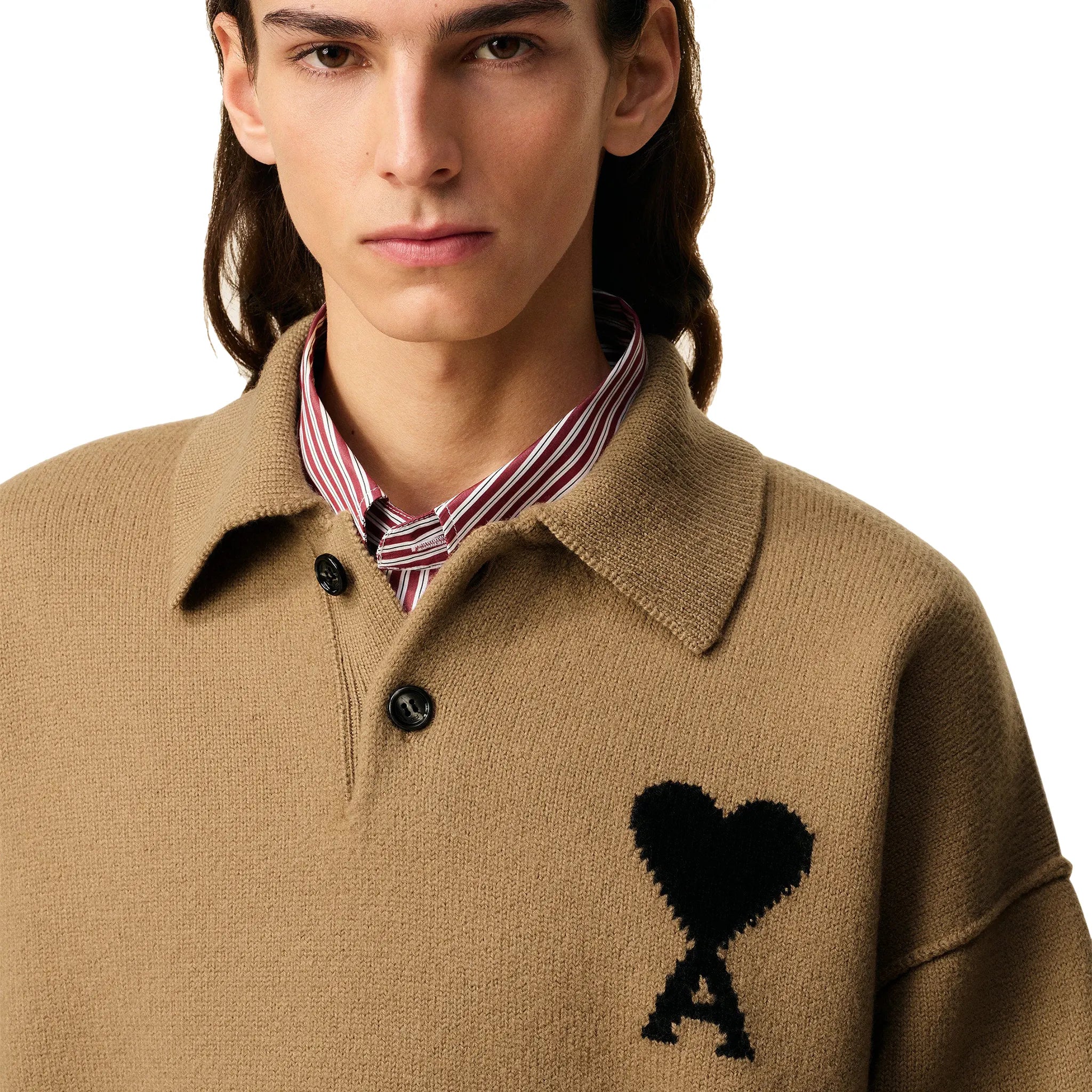 Detailed View of Ami Paris ADC Knitted Tan Polo Sweatshirt UPL409-018-288